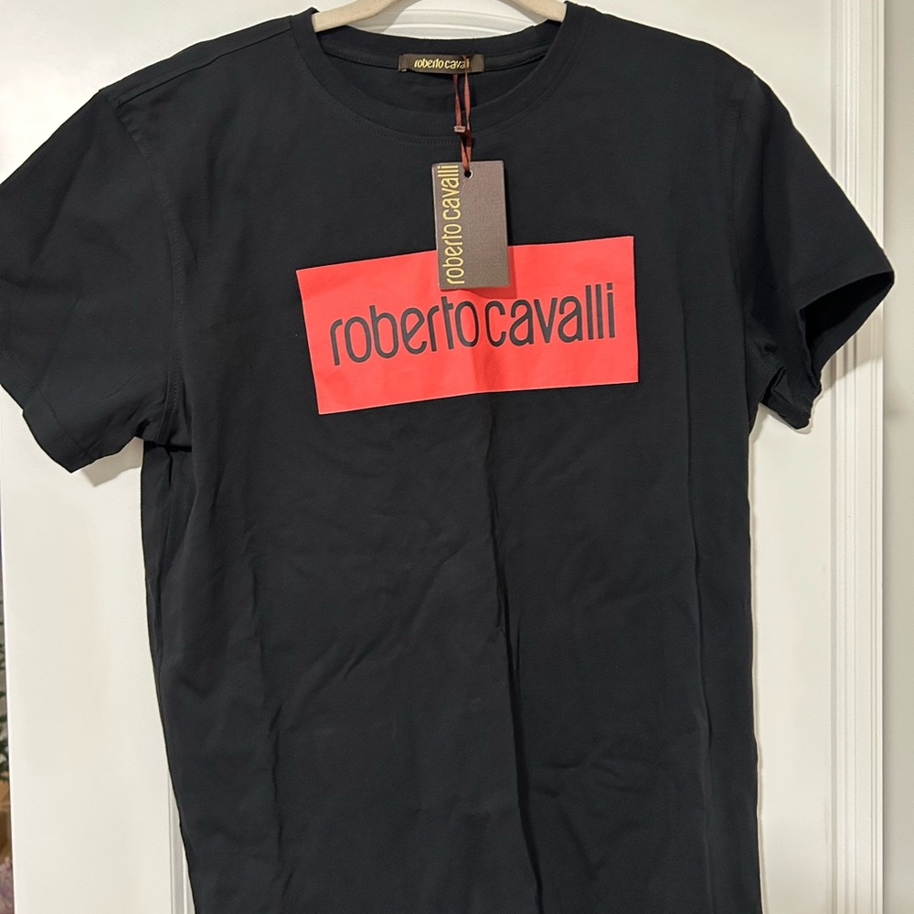 Roberto Cavalli Black T-Shirt with Vibrant Red Accent